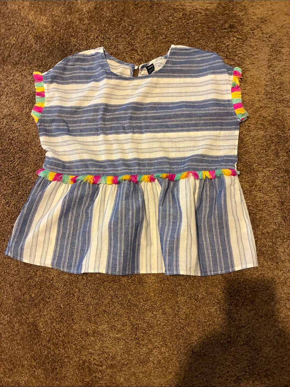 SHEIN Blue & White Striped Tassel Trim Peplum Top Size L but would fit a medium